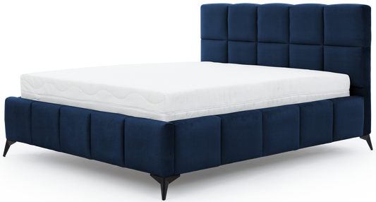 Łóżko Mist w kolorze Loco 40 granatowy, rozmiar 180x200 cm, widok na wprost z materacem i tapicerowanym zagłówkiem.