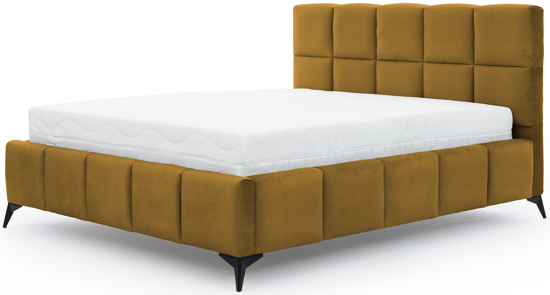 Łóżko Mist w kolorze Loco 45 miodowy, rozmiar 160x200 cm, widok na wprost z materacem i tapicerowanym zagłówkiem.