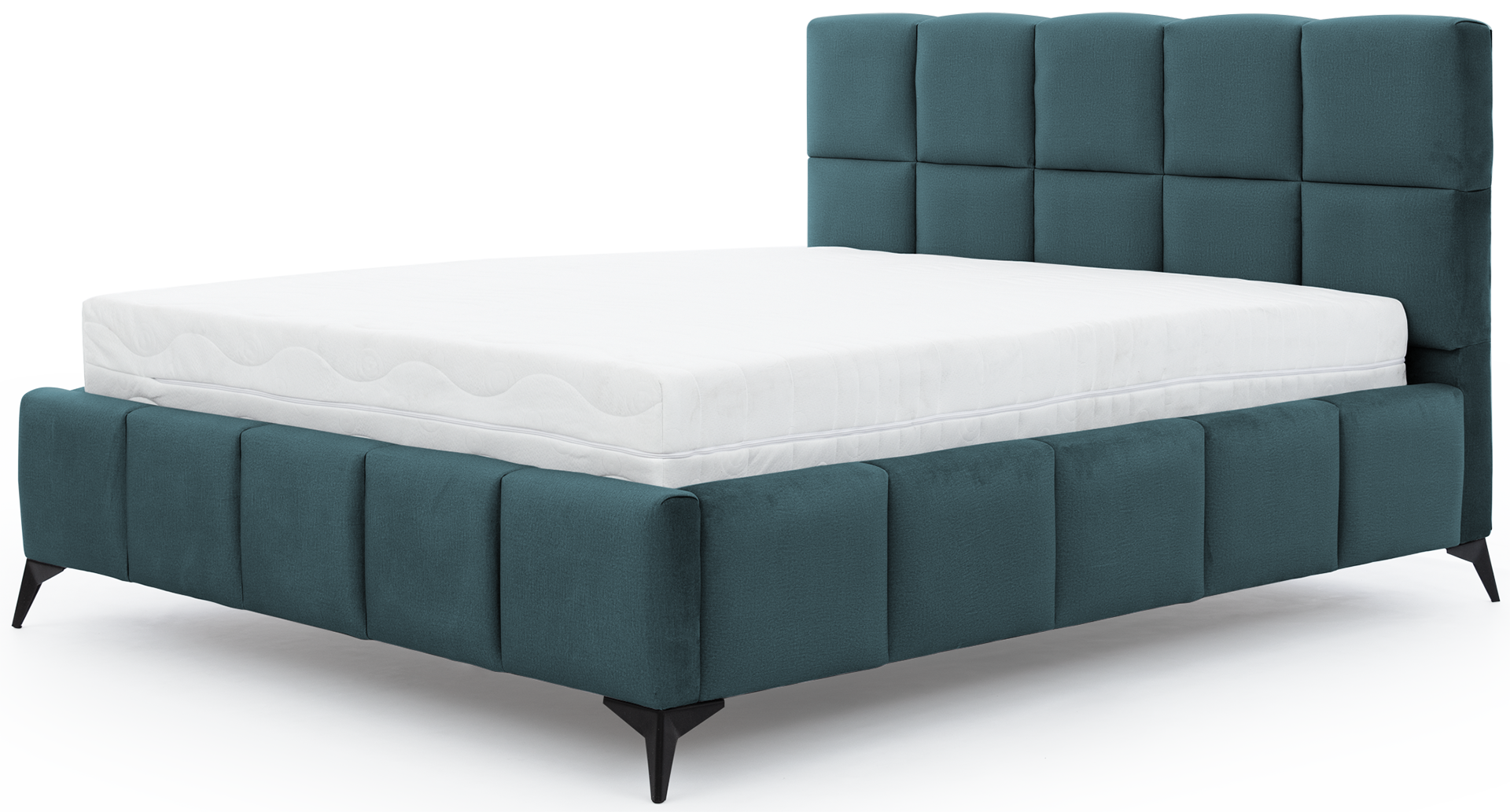 Łóżko Mist w kolorze Monolith 76 jasnoniebieski, rozmiar 140x200 cm, widok na wprost z materacem i tapicerowanym zagłówkiem.