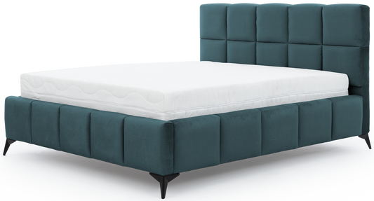 Łóżko Mist w kolorze Monolith 76 niebieski, rozmiar 160x200 cm, widok na wprost z materacem i tapicerowanym zagłówkiem.