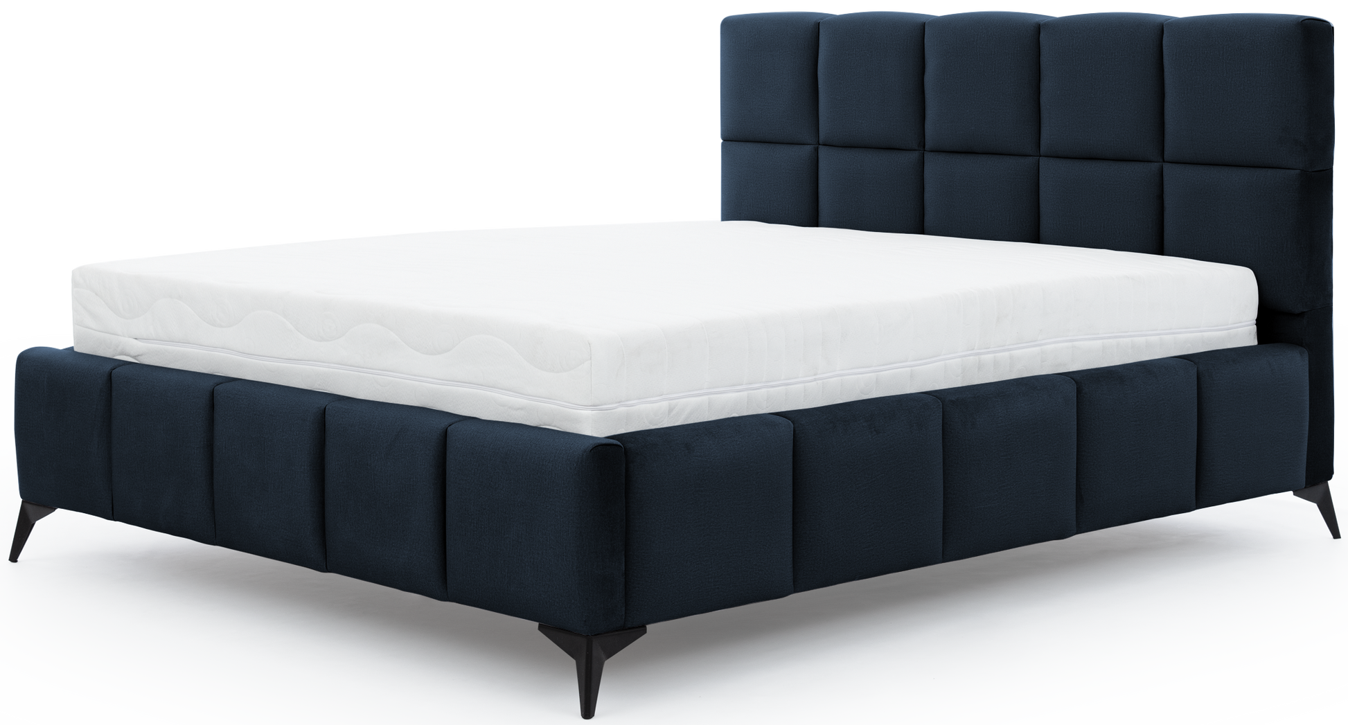 Łóżko Mist w kolorze Monolith 79 granatowy, rozmiar 160x200 cm, widok na wprost z materacem i tapicerowanym zagłówkiem.