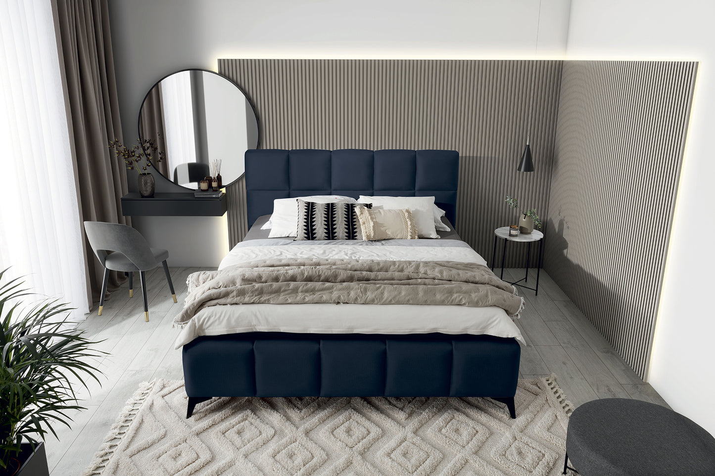 Łóżko Mist w kolorze Monolith 79 granatowy, rozmiar 180x200 cm, widok z góry w aranżacji przytulnej sypialni.