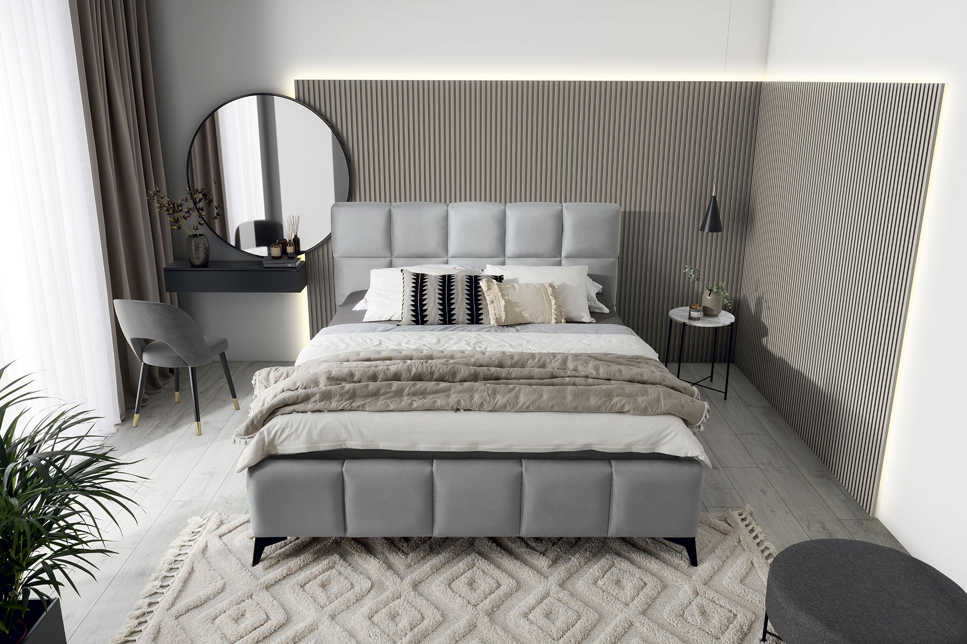 Łóżko Mist w kolorze Nube 03 jasnoszary, rozmiar 140x200 cm, widok z góry w aranżacji nowoczesnej sypialni.