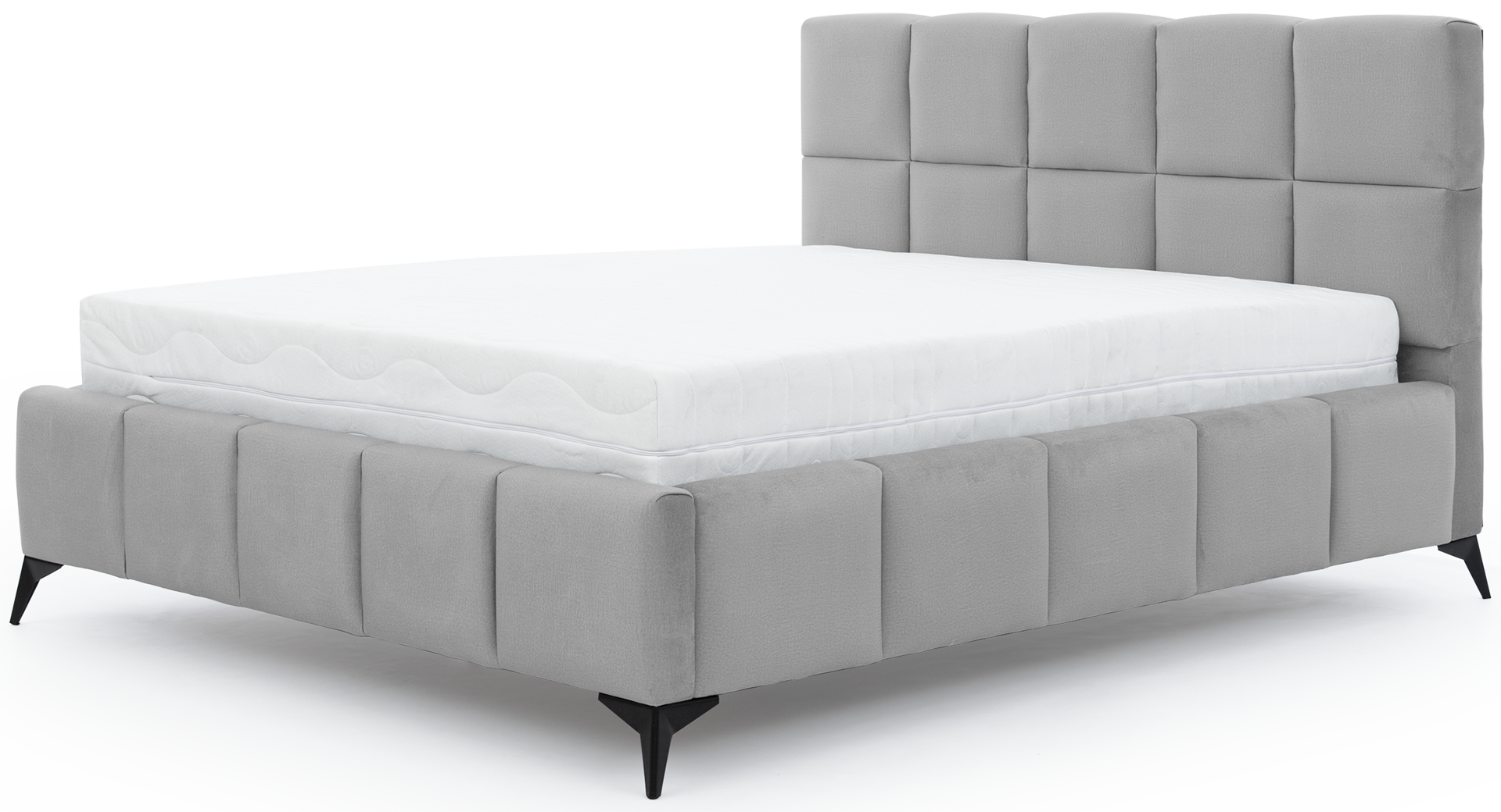 Łóżko Mist w kolorze Nube 03 jasnoszary, rozmiar 140x200 cm, widok na wprost z materacem i tapicerowanym zagłówkiem.