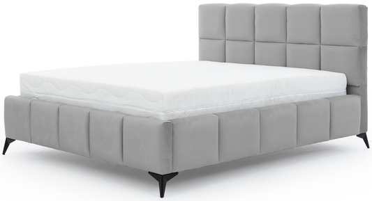 Łóżko Mist w kolorze Nube 03 jasnoszary, rozmiar 140x200 cm, widok na wprost z materacem i tapicerowanym zagłówkiem.