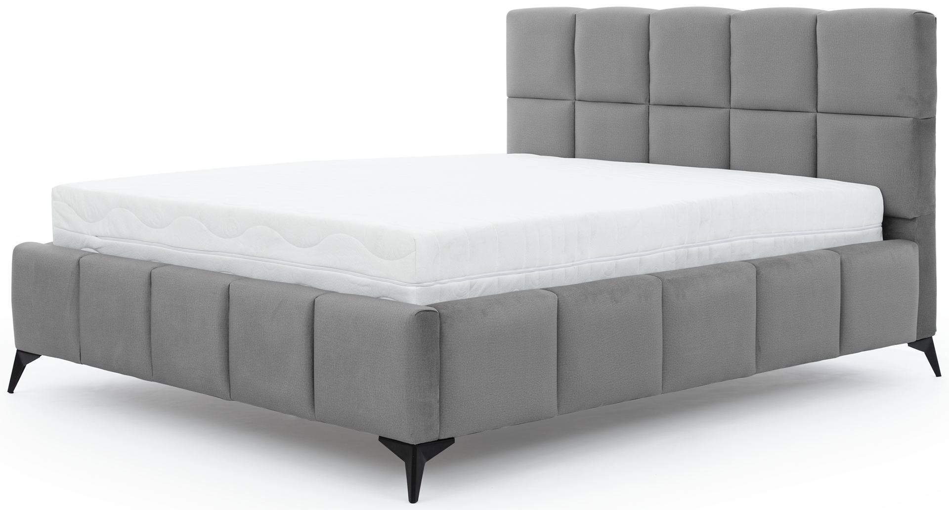 Łóżko Mist w kolorze Nube 04 szary, rozmiar 140x200 cm, widok na wprost z materacem i tapicerowanym zagłówkiem.