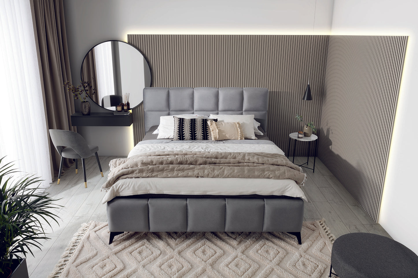 Łóżko Mist w kolorze Nube 04 szary, rozmiar 160x200 cm, widok z góry w aranżacji przytulnej sypialni.