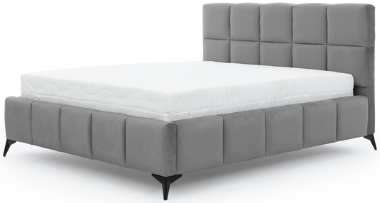 Łóżko Mist w kolorze Nube 04 szary, rozmiar 180x200 cm, widok na wprost z materacem i tapicerowanym zagłówkiem.