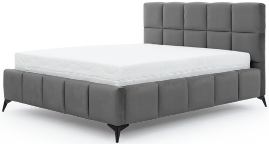 Łóżko Mist w kolorze Nube 05 ciemnoszary, rozmiar 140x200 cm, widok na wprost z materacem i tapicerowanym zagłówkiem.