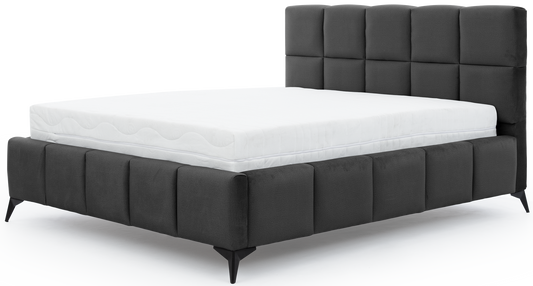 Łóżko Mist w kolorze Nube 06 ciemnoszary, rozmiar 140x200 cm, widok na wprost z materacem i tapicerowanym zagłówkiem.