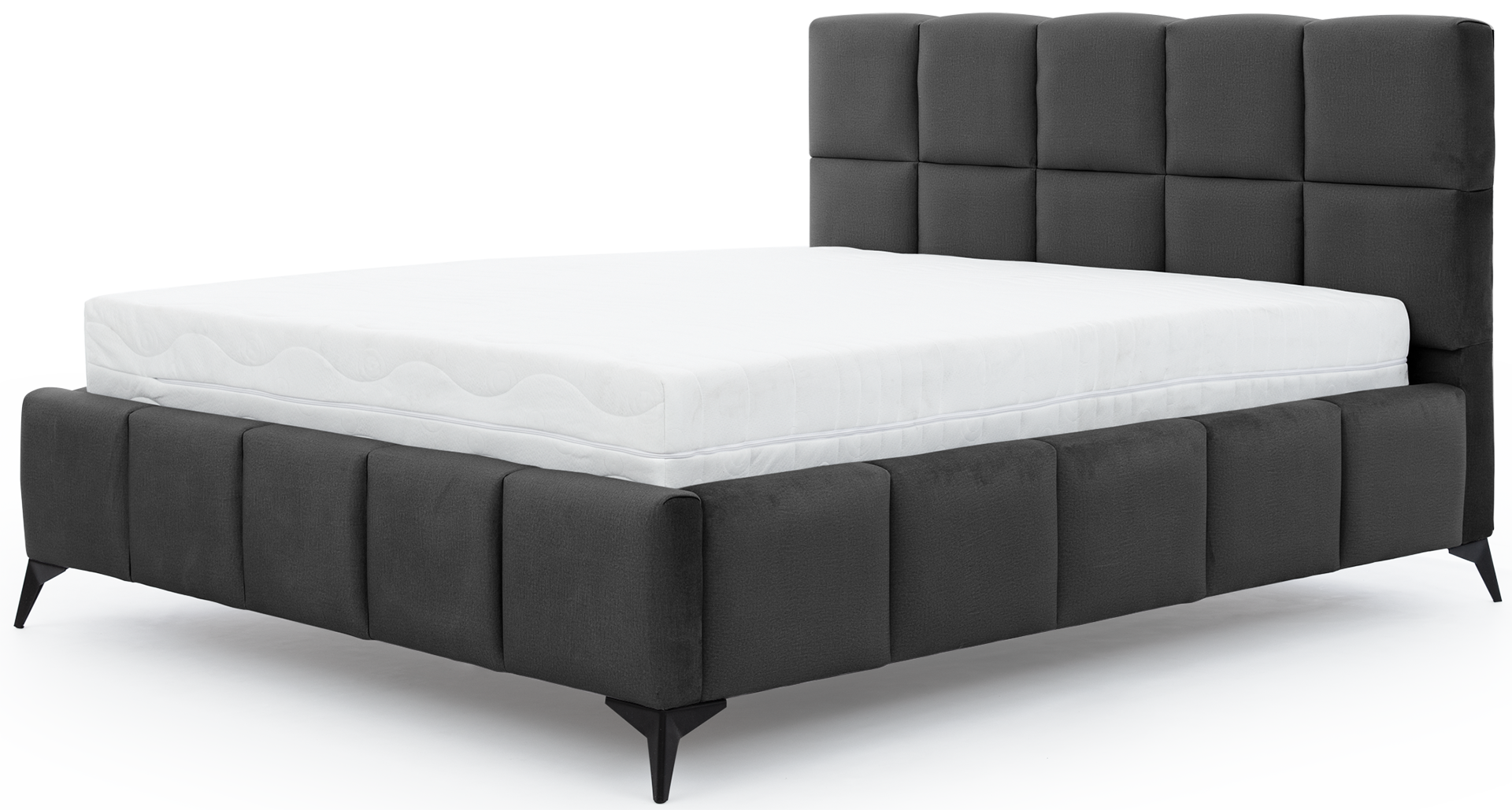 Łóżko Mist w kolorze Nube 06 ciemnoszary, rozmiar 160x200 cm, widok na wprost z materacem i tapicerowanym zagłówkiem.