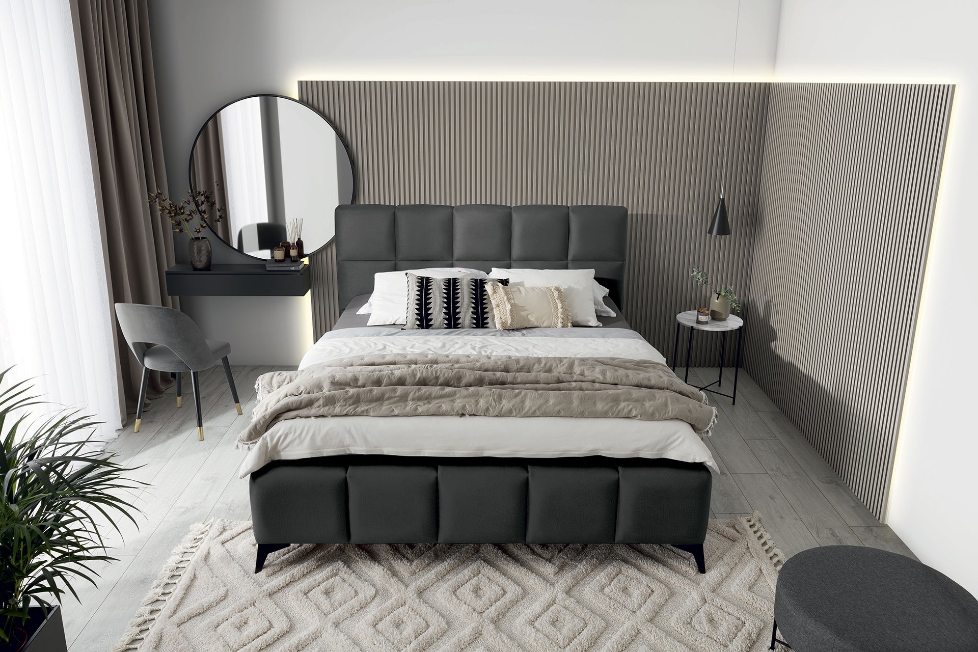 Łóżko Mist w kolorze Nube 06 ciemnoszary, rozmiar 180x200 cm, widok z góry w aranżacji przytulnej sypialni.