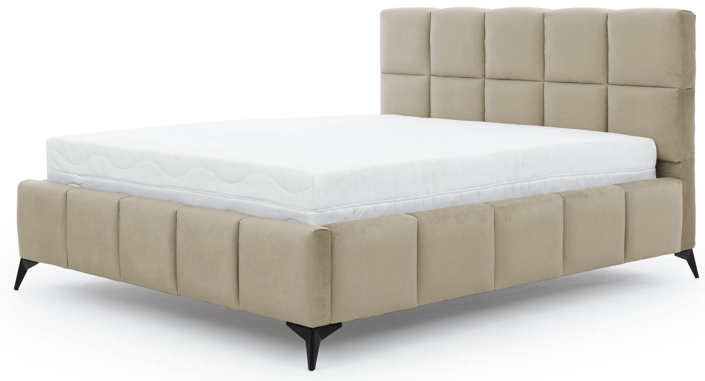 Łóżko Mist w kolorze Nube 20 beżowy, rozmiar 140x200 cm, widok na wprost z materacem i tapicerowanym zagłówkiem.