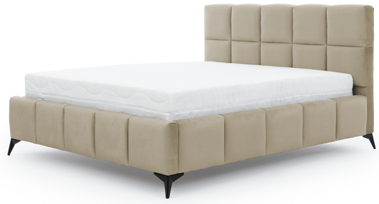 Łóżko Mist w kolorze Nube 20 beżowy, rozmiar 140x200 cm, widok na wprost z materacem i tapicerowanym zagłówkiem.