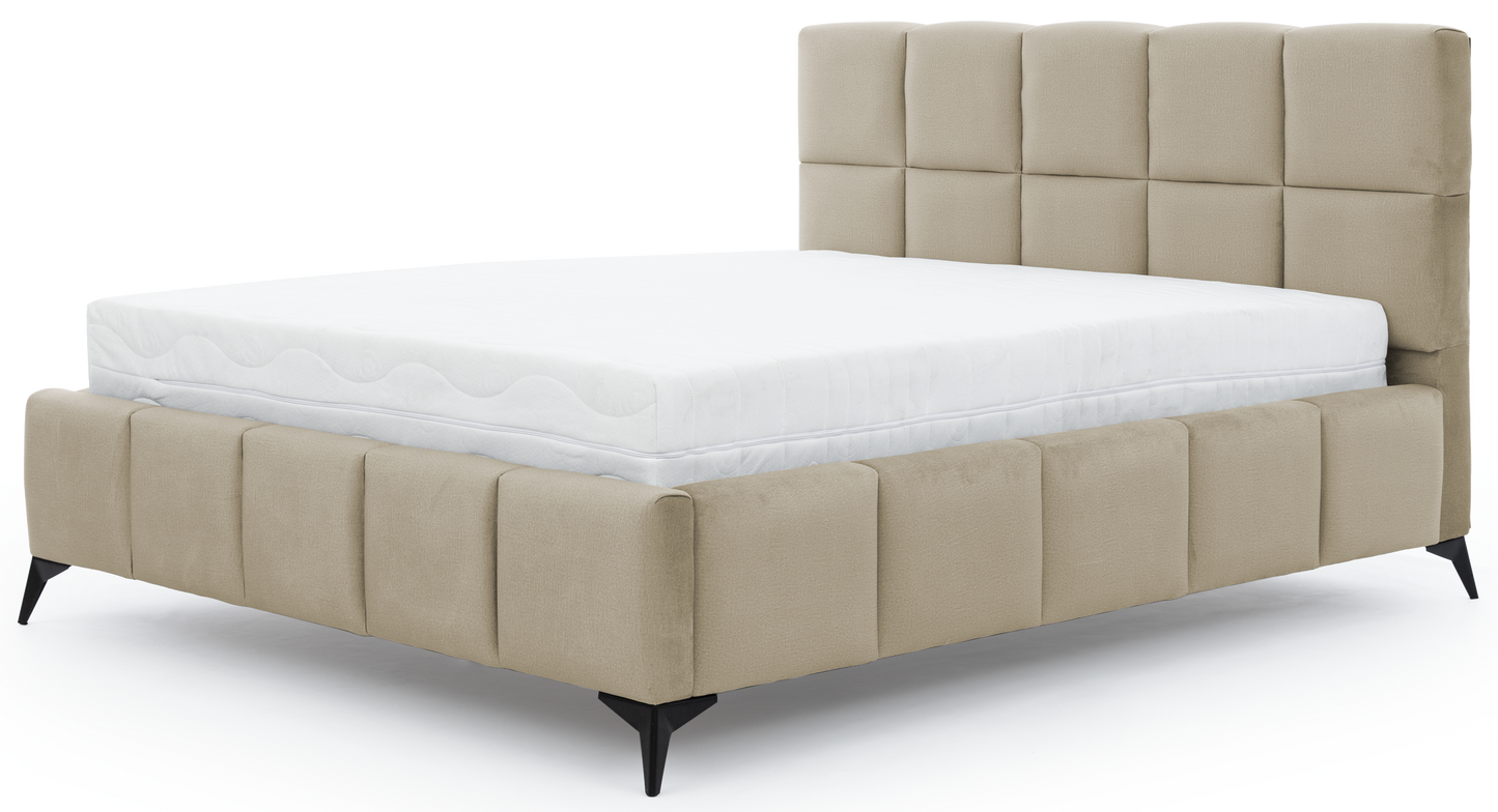 Łóżko Mist w kolorze Nube 20 beżowy, rozmiar 160x200 cm, widok na wprost z materacem i tapicerowanym zagłówkiem.