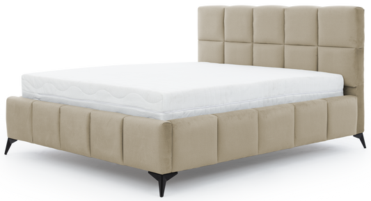 Łóżko Mist w kolorze Nube 20 beżowy, rozmiar 160x200 cm, widok na wprost z materacem i tapicerowanym zagłówkiem.