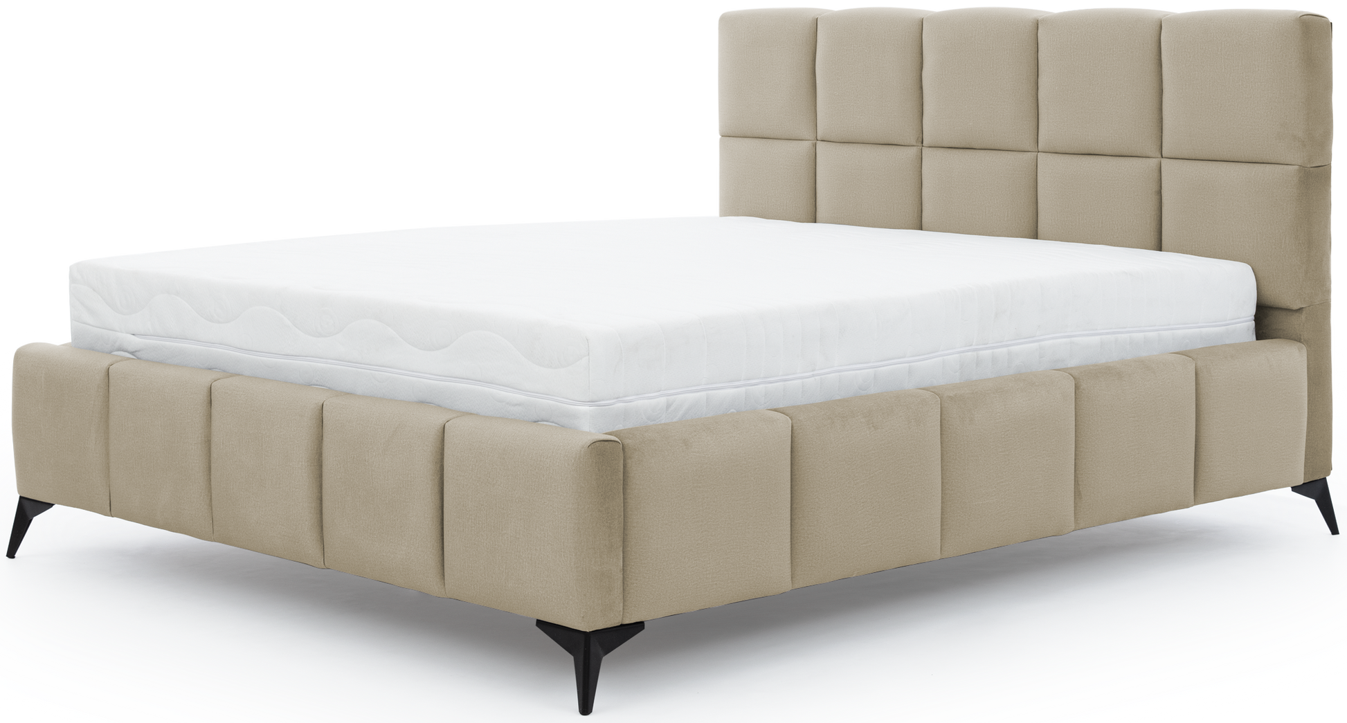 Łóżko Mist w kolorze Nube 20 beżowy, rozmiar 180x200 cm, widok na wprost z materacem i tapicerowanym zagłówkiem.