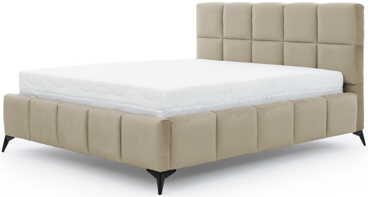 Łóżko Mist w kolorze Nube 20 beżowy, rozmiar 180x200 cm, widok na wprost z materacem i tapicerowanym zagłówkiem.