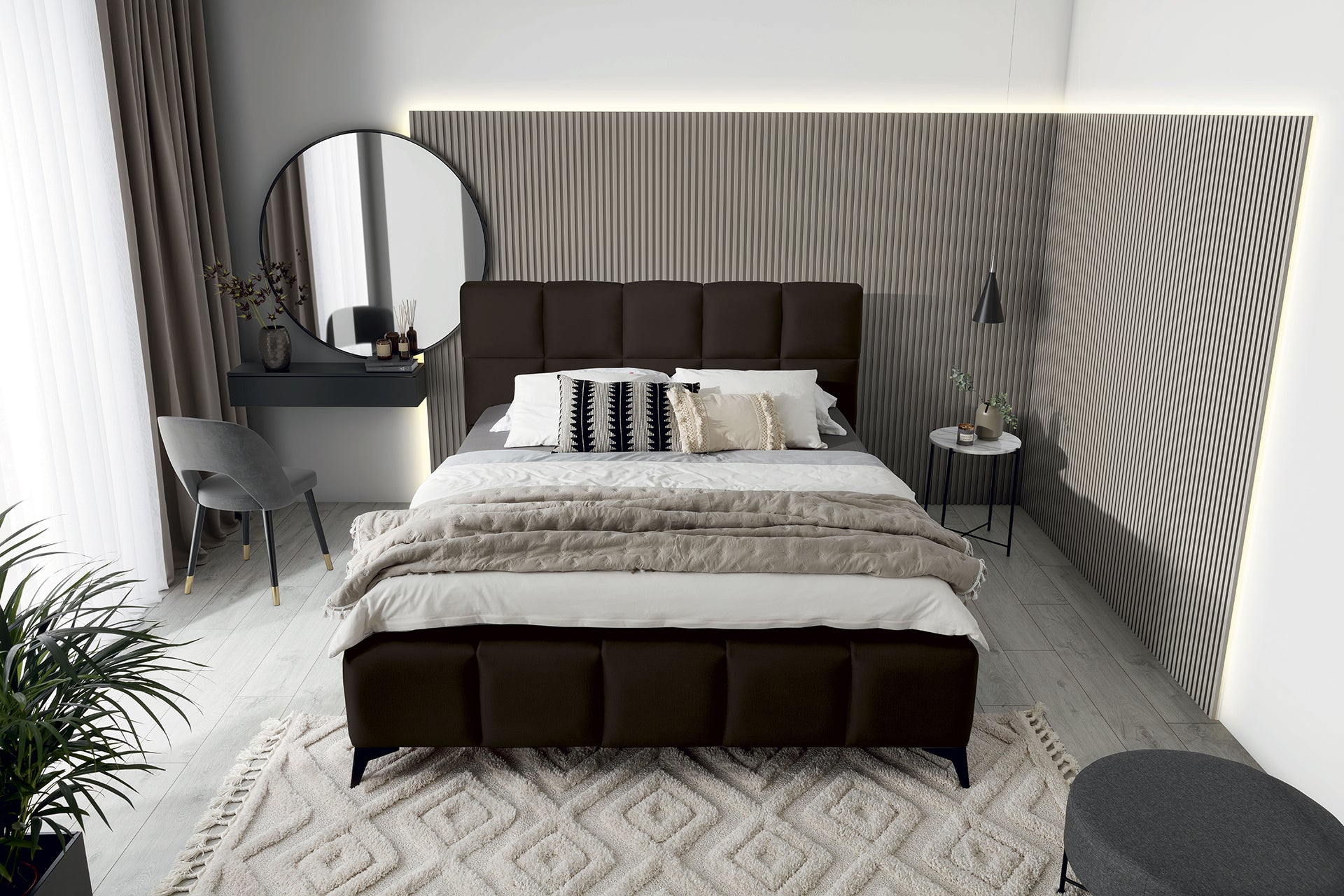 Łóżko Mist w kolorze Nube 22 brązowy, rozmiar 140x200 cm, widok z góry w aranżacji przytulnej sypialni.