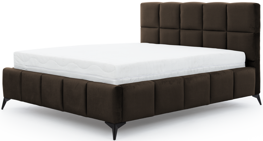 Łóżko Mist w kolorze Nube 22 brązowy, rozmiar 160x200 cm, widok na wprost z materacem i tapicerowanym zagłówkiem.