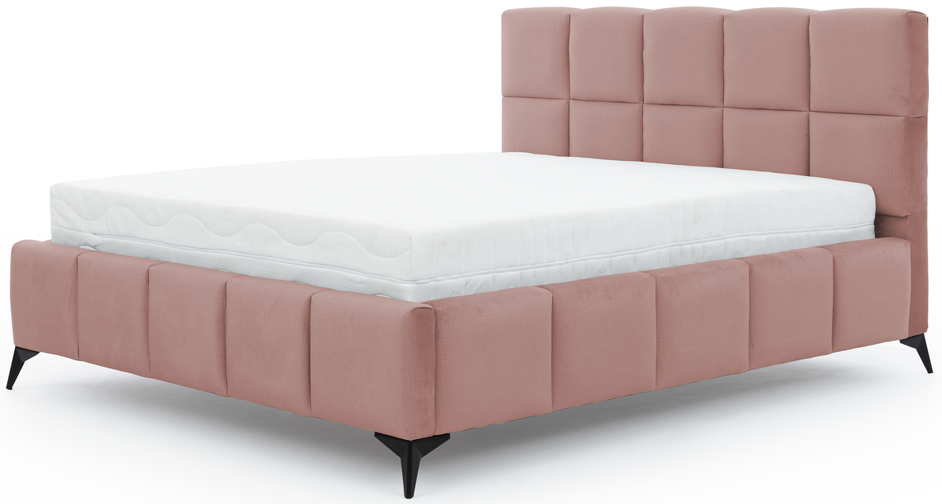 Łóżko Mist w kolorze Nube 24 różowy, rozmiar 140x200 cm, widok na wprost z materacem i tapicerowanym zagłówkiem.