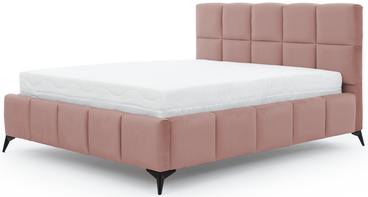 Łóżko Mist w kolorze Nube 24 różowy, rozmiar 180x200 cm, widok na wprost z materacem i tapicerowanym zagłówkiem.