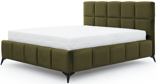 Łóżko Mist w kolorze Nube 33 jasnozielony, rozmiar 140x200 cm, widok na wprost z materacem i tapicerowanym zagłówkiem.