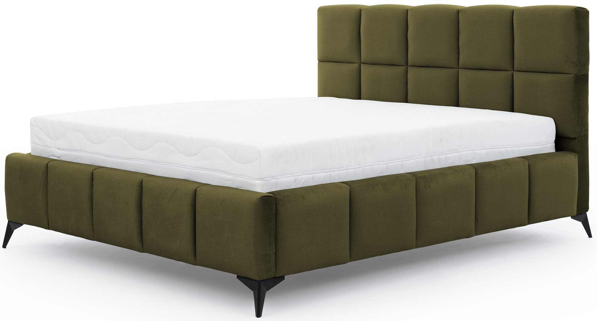 Łóżko Mist w kolorze Nube 33 jasnozielony, rozmiar 180x200 cm, widok na wprost z materacem i tapicerowanym zagłówkiem.