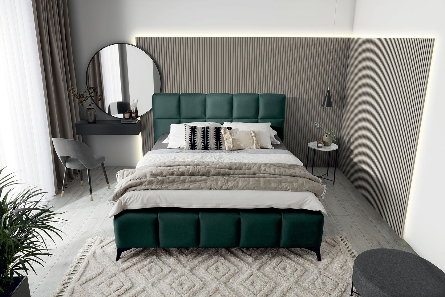 Łóżko Mist w kolorze Nube 35 butelkowozielony, rozmiar 140x200 cm, widok z góry w aranżacji przytulnej sypialni.