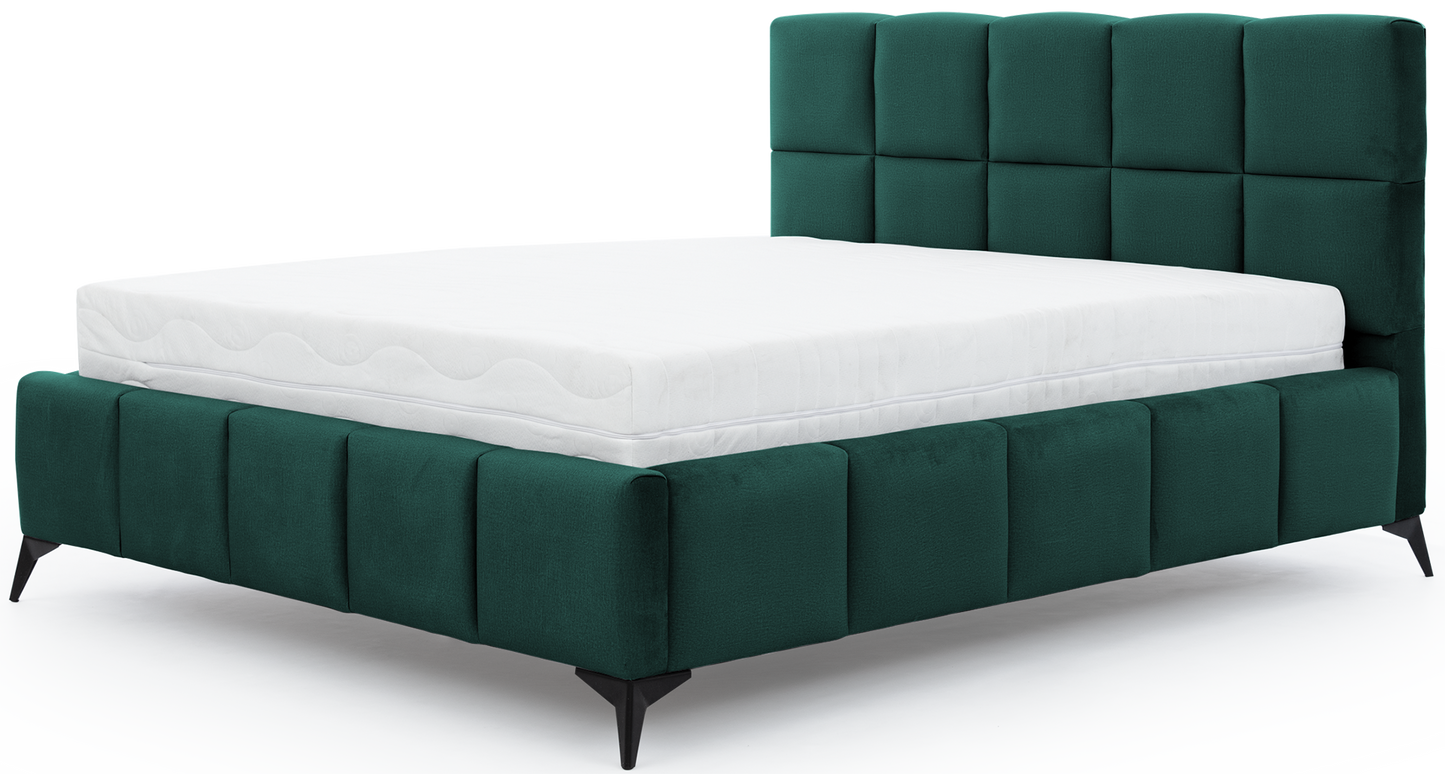 Łóżko Mist w kolorze Nube 35 butelkowozielony, rozmiar 160x200 cm, widok na wprost z materacem i tapicerowanym zagłówkiem.