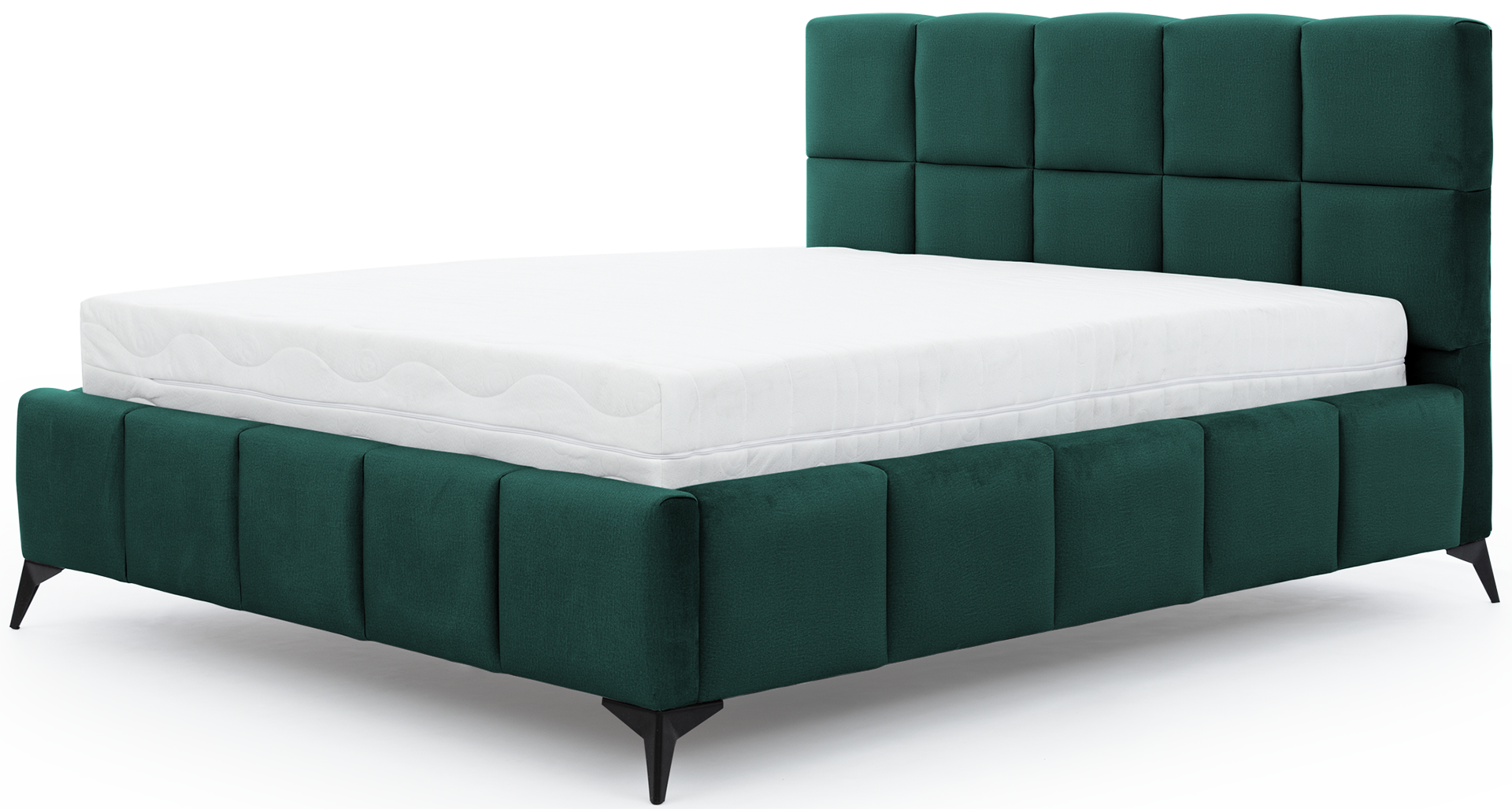 Łóżko Mist w kolorze Nube 35 butelkowozielony, rozmiar 160x200 cm, widok na wprost z materacem i tapicerowanym zagłówkiem.