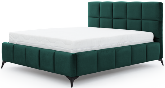 Łóżko Mist w kolorze Nube 35 butelkowozielony, rozmiar 160x200 cm, widok na wprost z materacem i tapicerowanym zagłówkiem.