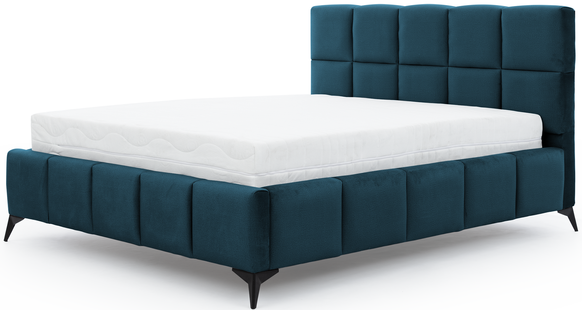 Łóżko Mist w kolorze Nube 40 granatowy, rozmiar 140x200 cm, widok na wprost z materacem i tapicerowanym zagłówkiem.