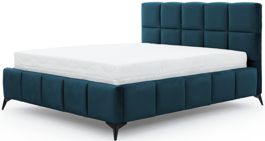 Łóżko Mist w kolorze Nube 40 granatowy, rozmiar 140x200 cm, widok na wprost z materacem i tapicerowanym zagłówkiem.