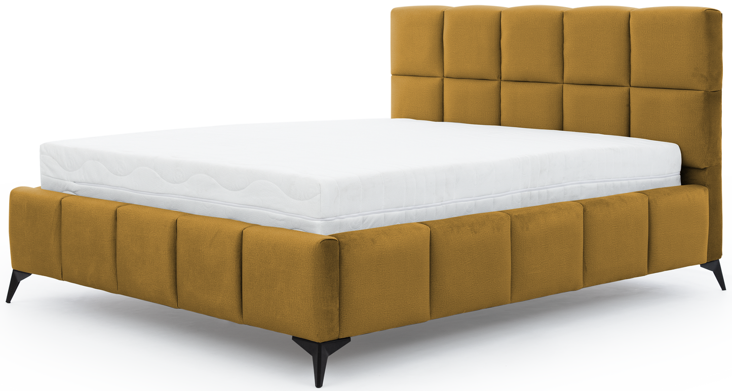 Łóżko Mist w kolorze Nube 45 miodowy, rozmiar 140x200 cm, widok na wprost z materacem i tapicerowanym zagłówkiem.