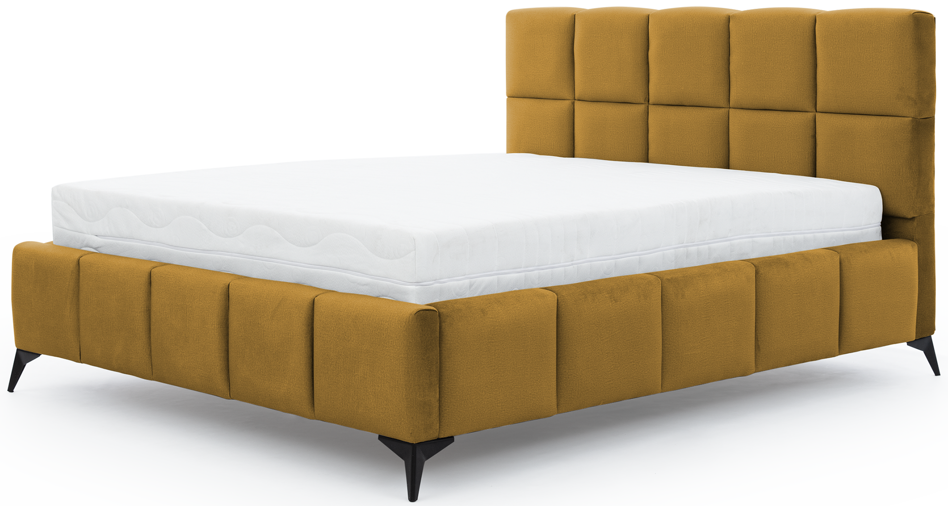 Łóżko Mist w kolorze Nube 45 miodowy, rozmiar 160x200 cm, widok na wprost z materacem i tapicerowanym zagłówkiem.