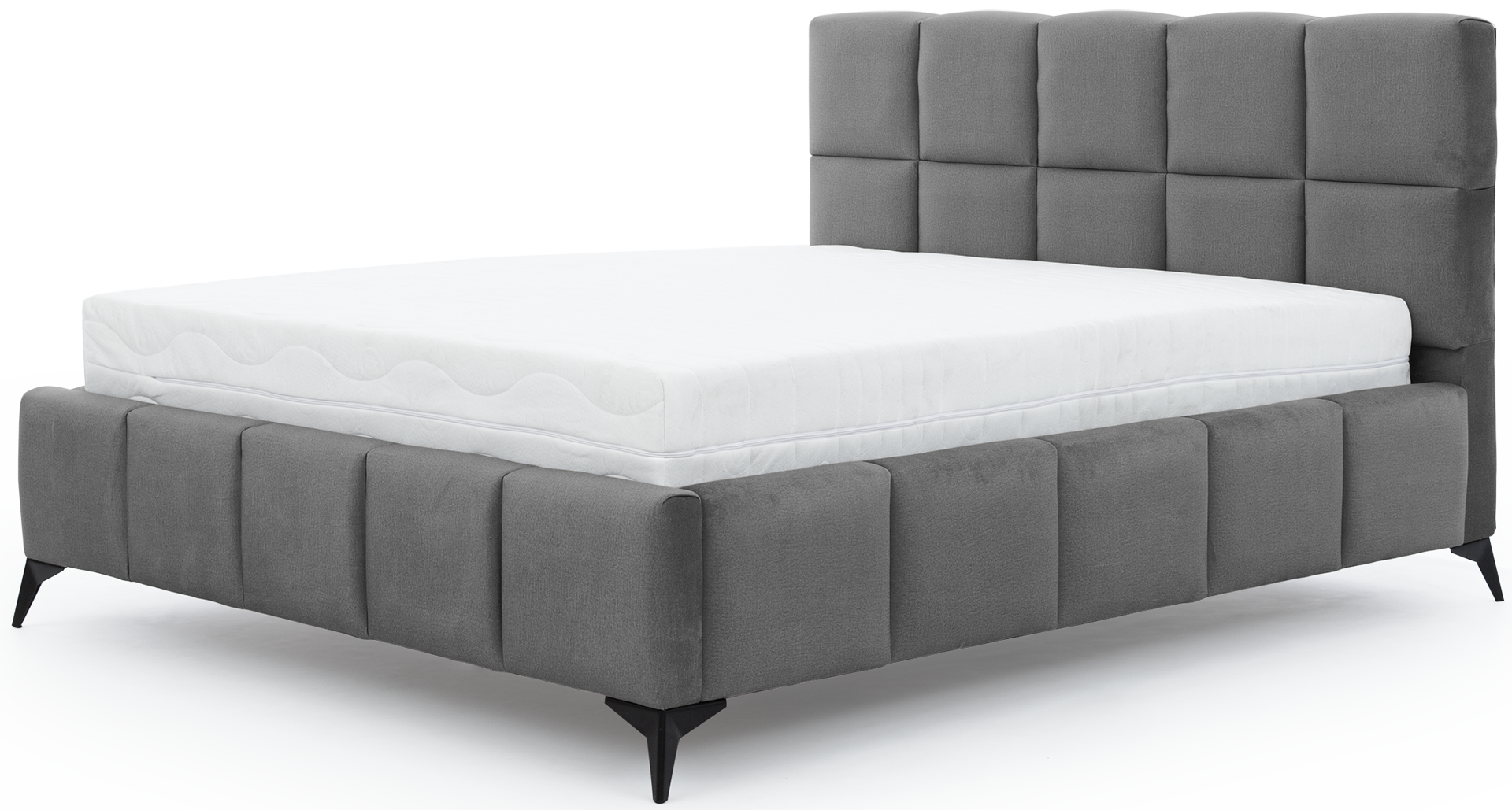 Łóżko Mist w kolorze Velvetmat 04 szary, rozmiar 180x200 cm, widok na wprost z materacem i tapicerowanym zagłówkiem.