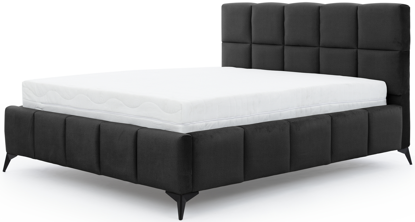 Łóżko Mist w kolorze Velvetmat 06 ciemnoszary, rozmiar 140x200 cm, widok na wprost z materacem i tapicerowanym zagłówkiem.