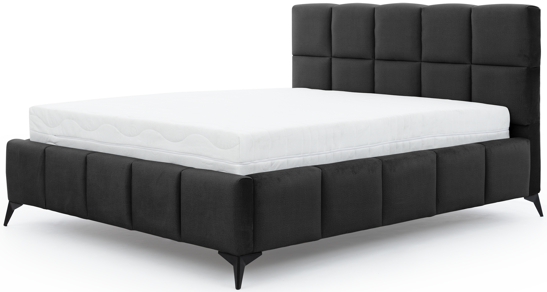 Łóżko Mist w kolorze Velvetmat 06 ciemnoszary, rozmiar 140x200 cm, widok na wprost z materacem i tapicerowanym zagłówkiem.