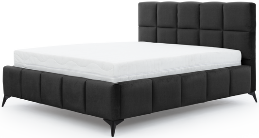 Łóżko Mist w kolorze Velvetmat 06 ciemnoszary, rozmiar 160x200 cm, widok na wprost z materacem i tapicerowanym zagłówkiem.