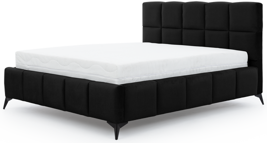 Łóżko Mist w kolorze Velvetmat 10 czarny, rozmiar 140x200 cm, widok na wprost z materacem i tapicerowanym zagłówkiem.