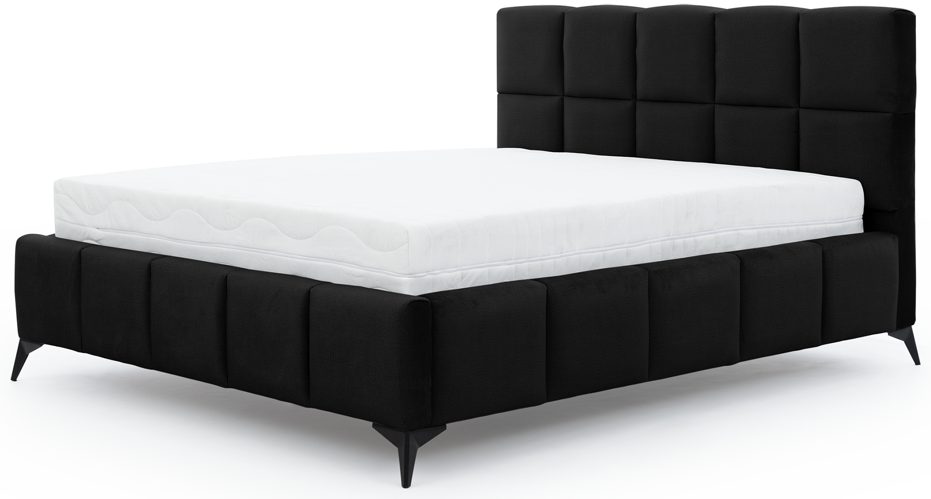 Łóżko Mist w kolorze Velvetmat 10 czarny, rozmiar 160x200 cm, widok na wprost z materacem i tapicerowanym zagłówkiem.
