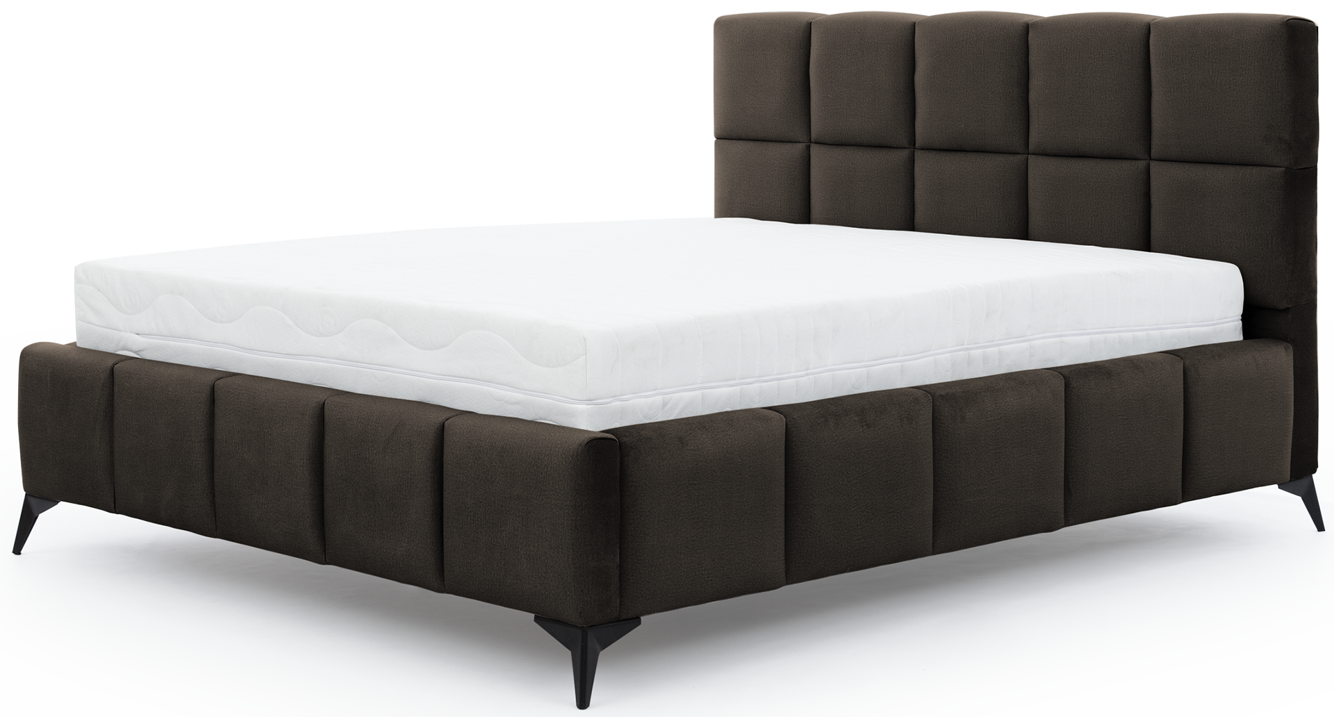 Łóżko Mist w kolorze Velvetmat 22 brązowy, rozmiar 140x200 cm, widok na wprost z materacem i tapicerowanym zagłówkiem.