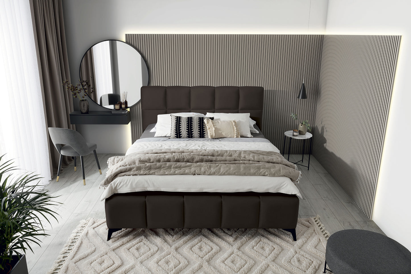Łóżko Mist w kolorze Velvetmat 22 brązowy, rozmiar 180x200 cm, widok z góry w aranżacji przytulnej sypialni.