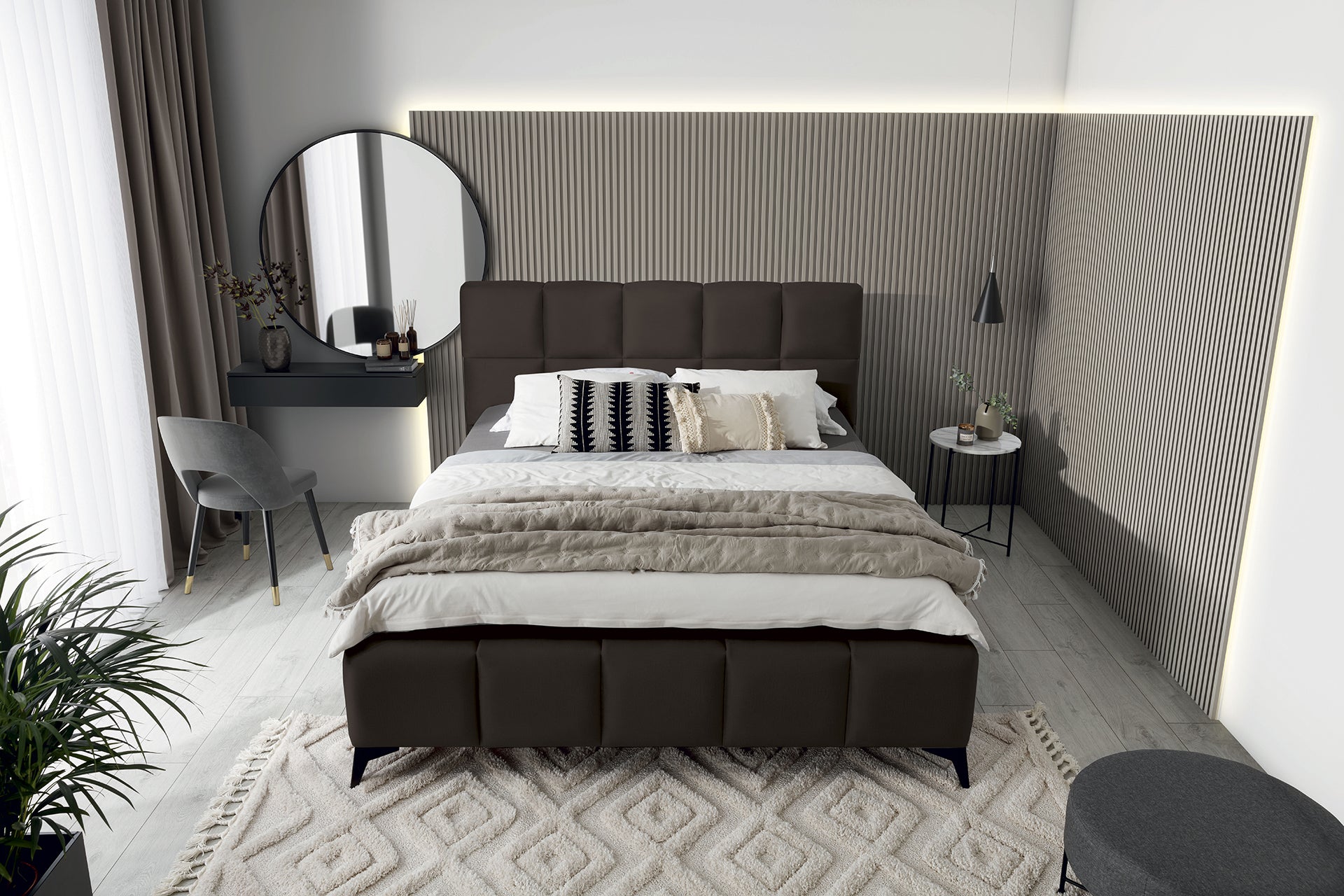 Łóżko Mist w kolorze Velvetmat 22 brązowy, rozmiar 180x200 cm, widok z góry w aranżacji przytulnej sypialni.