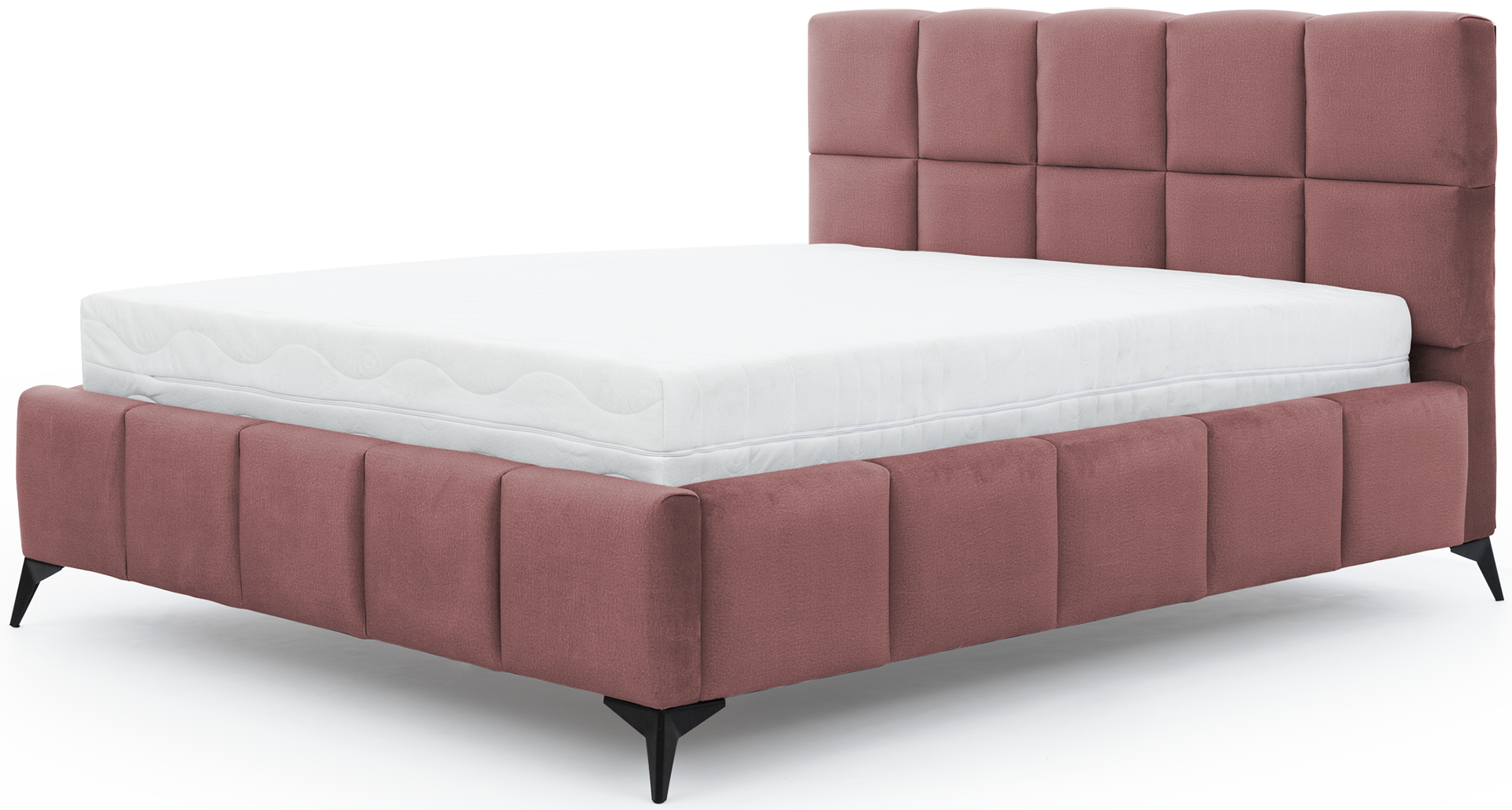 Łóżko Mist w kolorze Velvetmat 24 różowy, rozmiar 160x200 cm, widok na wprost z materacem i tapicerowanym zagłówkiem.