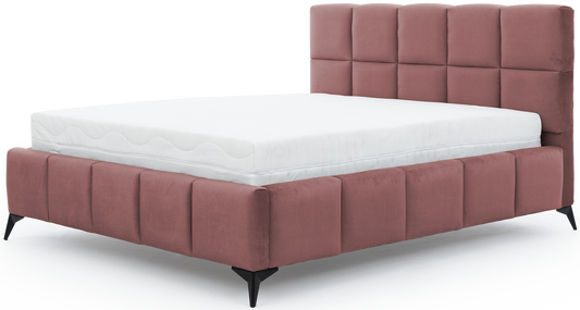 Łóżko Mist w kolorze Velvetmat 24 różowy, rozmiar 160x200 cm, widok na wprost z materacem i tapicerowanym zagłówkiem.