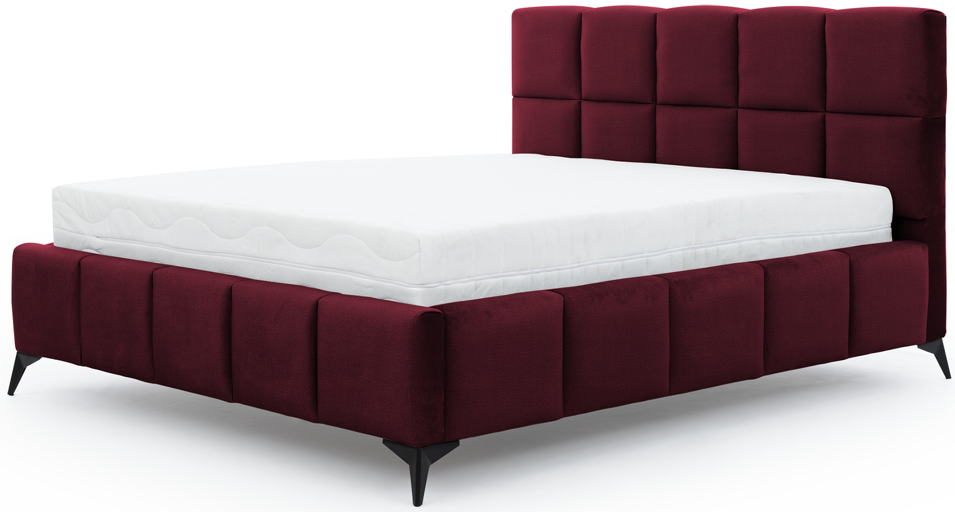 Łóżko Mist w kolorze Velvetmat 25 bordowy, rozmiar 140x200 cm, widok na wprost z materacem i tapicerowanym zagłówkiem.