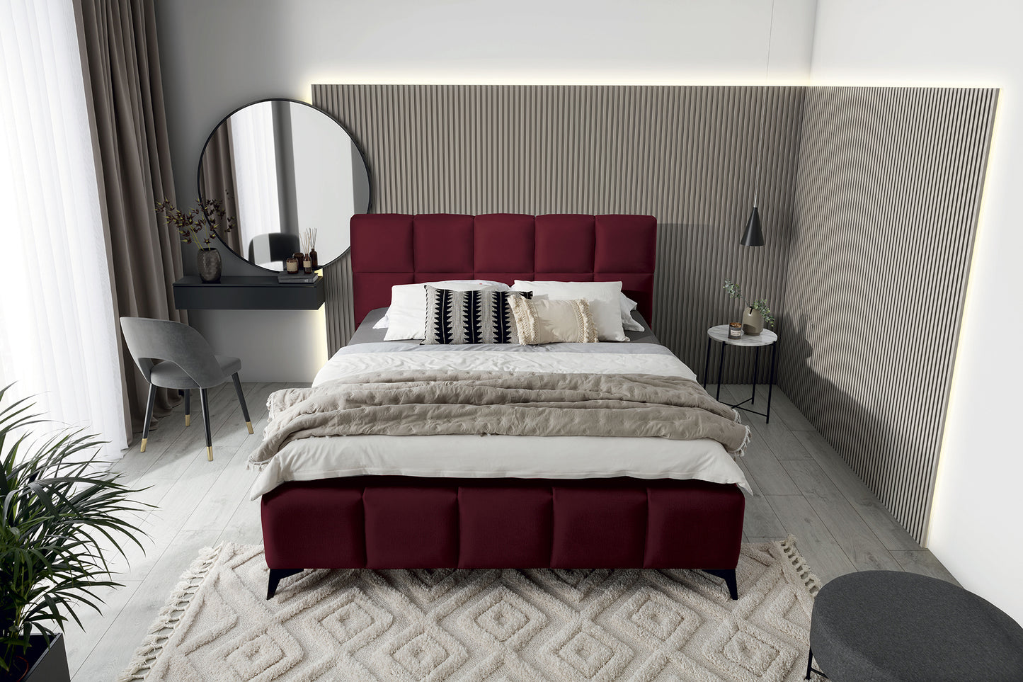 Łóżko Mist w kolorze Velvetmat 25 bordowy, rozmiar 180x200 cm, widok z góry w aranżacji przytulnej sypialni.