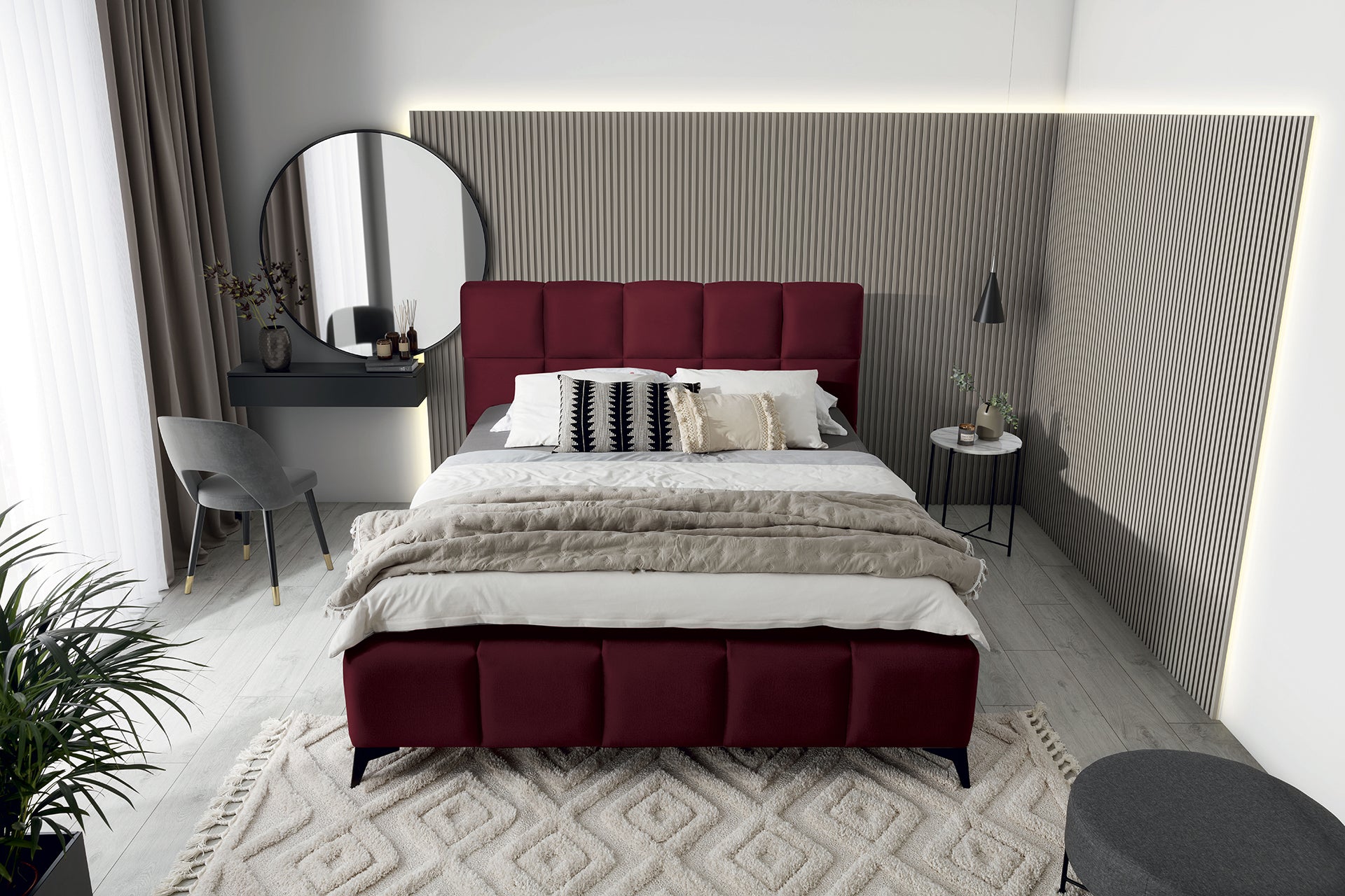 Łóżko Mist w kolorze Velvetmat 25 bordowy, rozmiar 180x200 cm, widok z góry w aranżacji przytulnej sypialni.